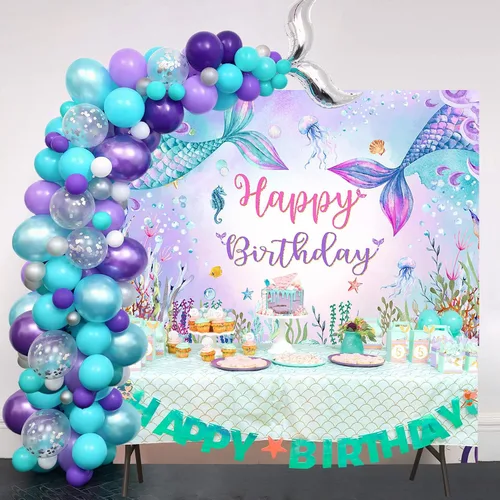 Miniatura 2 de Mocsicka Telón de fondo de sirena de cumpleaños bajo el mar, decoración de fiesta de cumpleaños para niña, fondo de fotografía de cola de sirena