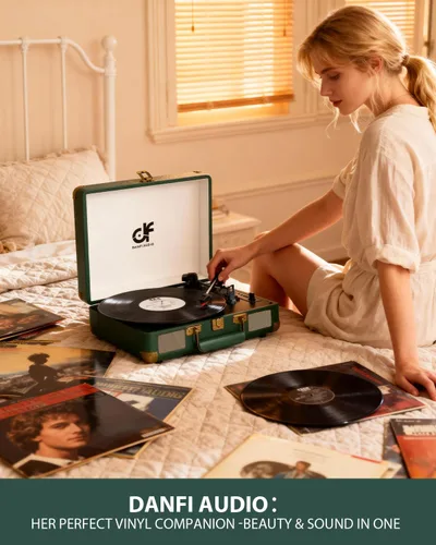 Miniatura 12 de Tocadiscos de vinilo Bluetooth de 3 velocidades portátil tipo maleta con altavoces integrados, grabación USB de vinilo a MP3, RCA, AUX y salida