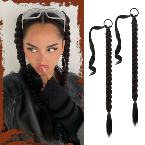 Miniatura 15 de Sofeiyan Extensión de cola de caballo de trenza larga con banda para el cabello, lacio, elegante, envolvente, extensiones de cabello trenzado, cola