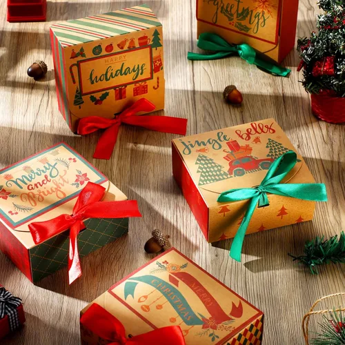 Miniatura 5 de Cholemy 36 piezas de cajas de regalo de Navidad de papel kraft con tapas, paquete de cajas de regalo pequeñas con lazo vacías para Navidad, cajas