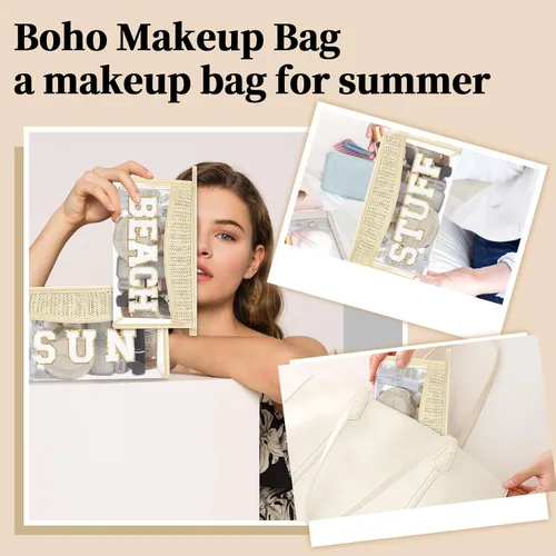 Miniatura 7 de Pequeñas bolsas de maquillaje transparentes de paja bohemia para mujeres y niñas, bolsa de cosméticos con cremallera de chenilla, bolsa de parche