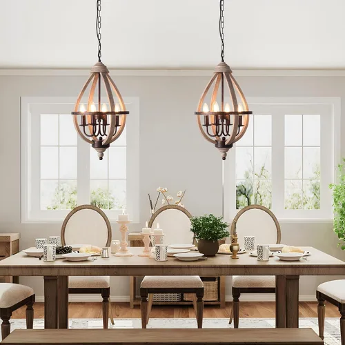 Miniatura 3 de Lámpara colgante de madera con forma de lágrima vintage, lámpara de granja con acabado de madera envejecida y bronce para isla de cocina, comedor