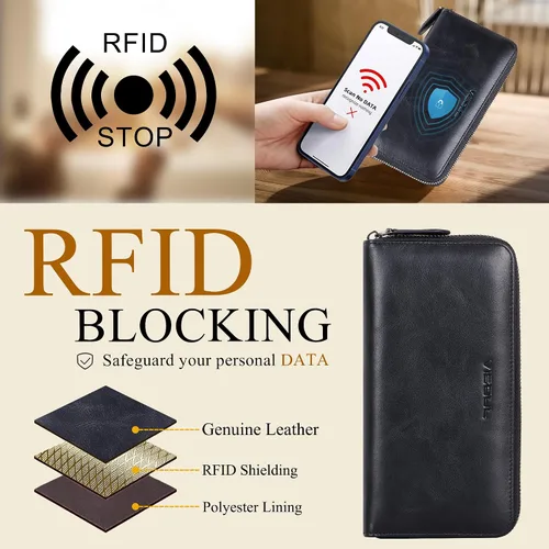 Miniatura 4 de VISOUL Cartera larga de cuero con cremallera para hombres y mujeres con bloqueo RFID, cartera larga de embrague grande con cremallera, Negro