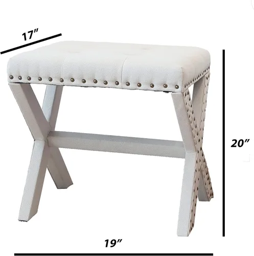 Miniatura 2 de AC Pacific Modern Chic - Taburete tapizado con tela de lino suave, ribete de cabeza de clavo, asiento copetudo y marco de madera maciza, 17 pulgadas