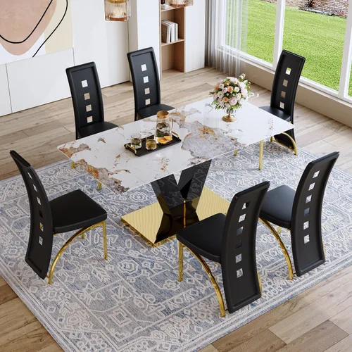 Miniatura 19 de Juego de mesa de comedor de 71 pulgadas para 6, moderno juego de mesa de comedor para 6, mesa de comedor de mármol con 6 sillas de comedor de piel