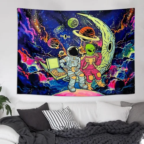 Miniatura 5 de Tapiz de luz negra de astronauta para hombres, póster de alienígena con luz negra para adolescentes y niños, divertido tapiz de pared de galaxia