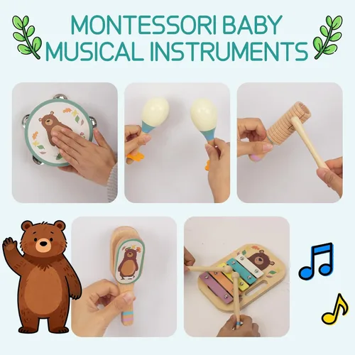 Miniatura 3 de Juego de instrumentos musicales de madera para niños pequeños, instrumentos de percusión de madera natural, juego de regalo de xilófono para niñas