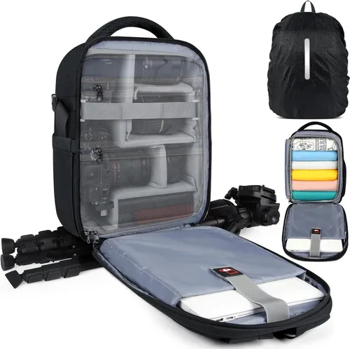 RAINSMORE Mochila para cámara DSLR SLR sin espejo, compartimento profesional para laptop de 14 pulgadas, bolsa impermeable para fotografía con