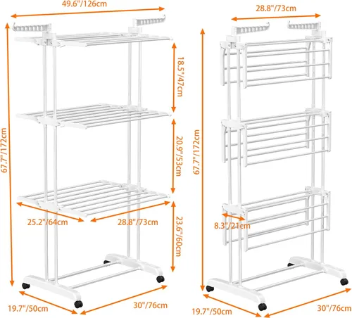 Miniatura 6 de HOMIDEC Tendedero de secado de ropa plegable grande de 4 niveles (67.7 pulgadas de alto x 19.7 pulgadas de ancho x 30 pulgadas de largo), móvil