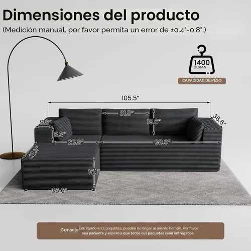 Miniatura 2 de Sofás seccionales sin hueso de 106 pulgadas para sala de estar, sofá modular en forma de L con asiento profundo de gran tamaño orientado a la Gris