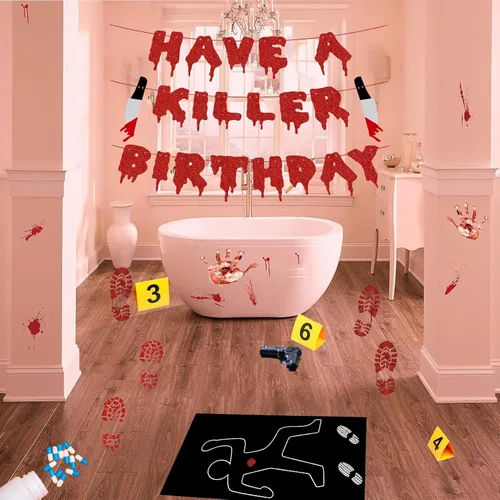 Miniatura 6 de Kit de decoración de escena del crimen de Halloween, cartel de cumpleaños con texto en inglés "Have a Killer", silueta corporal, cinta de escena