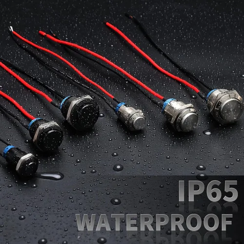 Miniatura 6 de STARELO 5 piezas 12 mm Interruptor de botón de cierre con carcasa negra y pre-cableado, interruptor de botón de presión impermeable IP65, aleación