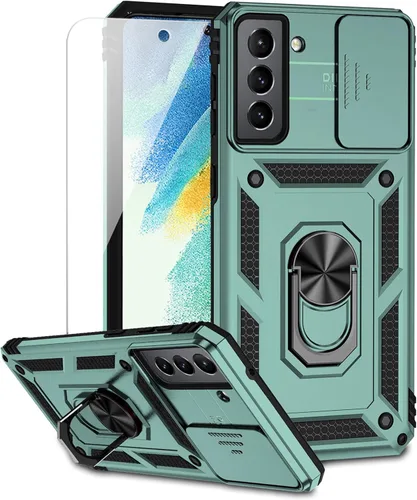Miniatura 12 de Funda para Samsung Galaxy S21 FE 5G con cubierta para lente de cámara, protector de pantalla HD, soporte de anillo magnético con función de soporte