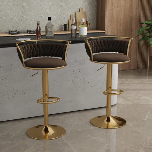 Miniatura 22 de Juego de 2 taburetes de bar giratorios de 360°, silla de bar de terciopelo ajustable a altura de mostrador moderna, taburete de metal plateado