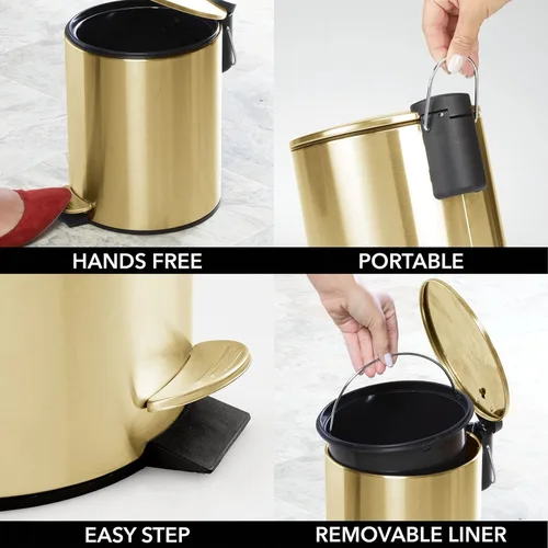 Miniatura 4 de mDesign Cubo de basura de metal de 1.3 galones/5 litros con escalón redondo, contenedor de basura con tapa para baño, tocador, dormitorio, cocina
