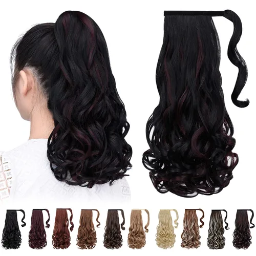 Miniatura 44 de Extensiones de cabello para cola de caballo, extensión de cola de caballo roja de 16 pulgadas, corta, ondulada, rizada, envolvente, cola de caballo