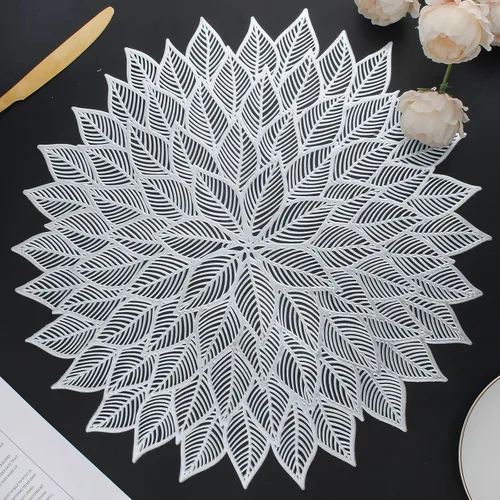 Miniatura 8 de Juego de 8 manteles individuales, manteles individuales redondos calados con flores para mesa de comedor, manteles de mesa de vinilo prensado