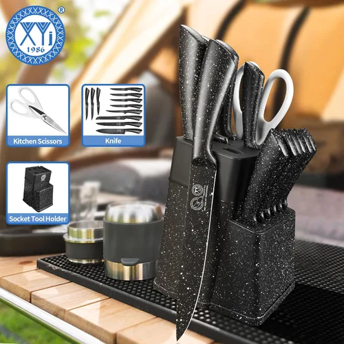 Miniatura 7 de XYJ juego de bloque con cuchillos de cocina, de acero inoxidable, con soporte, juego de cuchillos de chef profesional japonés, cuchillos para carne