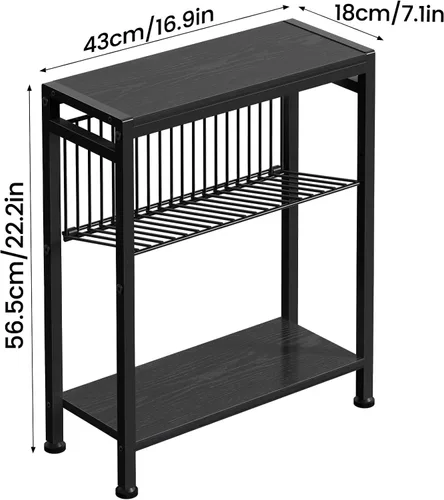 Miniatura 3 de Mesa auxiliar para espacios pequeños, mesa lateral estrecha de 3 niveles con soporte para revistas, mesita de noche, mesa de aperitivos delgada