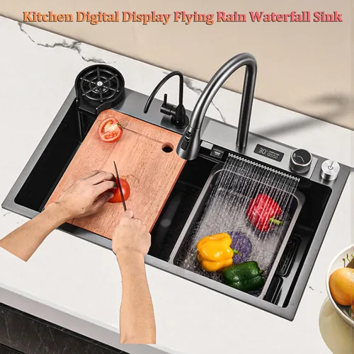 Miniatura 2 de Fregadero de cascada volador con pantalla digital, fregadero de cocina, fregadero de barra de acero inoxidable 304, con lavabos de copa, instalación