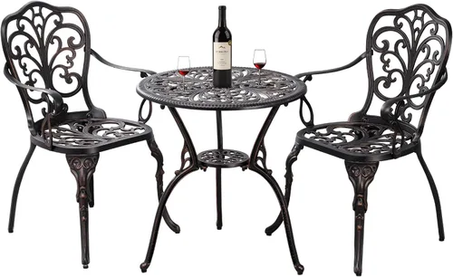 Miniatura 8 de Bistro - Juego de 3 piezas de bistro para exteriores, juego de mesa de bistró de aluminio fundido con agujero para paraguas, mesa de bistró