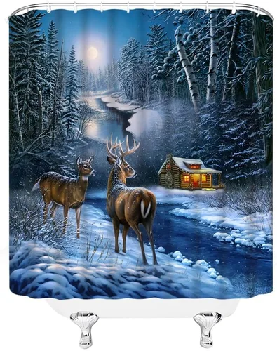 Miniatura 3 de Cortina de ducha de ciervos de Navidad, bosque nevado, ciervos, granja, renos, naturaleza, nevado, paisaje, tela, juego de cortinas de baño