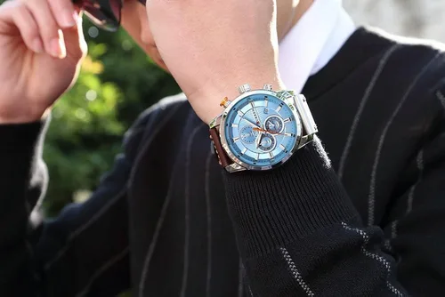 Miniatura 5 de Reloj deportivo con cronógrafo para hombre, correa de cuero marrón, reloj de cuarzo, reloj de pulsera casual para hombre, Completo negroacero.