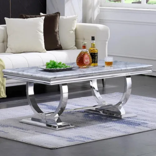 Miniatura 11 de Asday Mesa de centro plateada, mesa rectangular gris para sala de estar con base en U de metal espejo plateado, mesa de centro para sala de estar