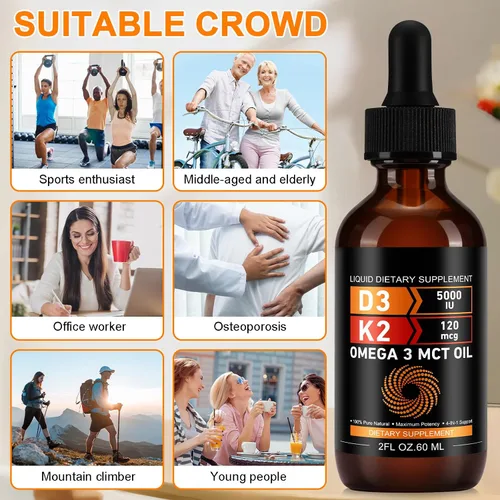 Miniatura 8 de Daiasns Vitamina D3 5000 UI y K2 (MK-7) 120 mcg 2.0 fl oz gotas con aceite MCT Omega 3, suplementos líquidos de vitamina D3 y K2 - Suministro de 2
