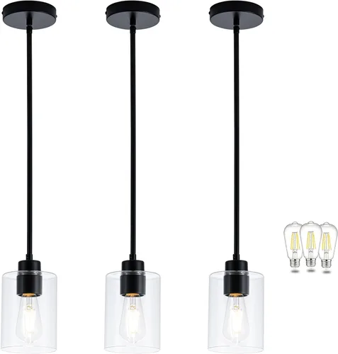 Miniatura 10 de MAYNA Lámpara colgante de granja de 1 luz, lámparas de jaula de metal negro con cadena ajustable y pantalla de vidrio, luces colgantes para isla