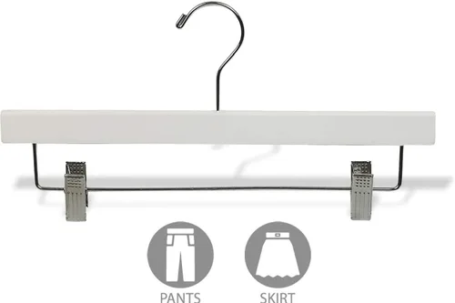 Miniatura 3 de Percha de madera blanca para pantalones con clips de cojín ajustables, caja de 50 perchas de fondo de madera plana con gancho giratorio cromado