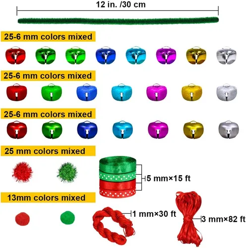 Miniatura 5 de Winlyn Juego de 475 coronas de cascabel de Navidad, adornos para árbol de Navidad, kit de manualidades, tallos de felpilla metálica, pompones