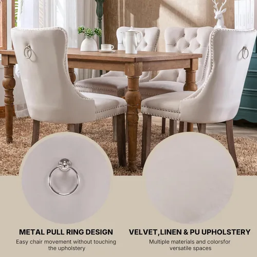 Miniatura 6 de OVENTA Juego de 4 sillas de comedor modernas tapizadas copetudas, sillas de comedor de terciopelo beige cálido con patas de madera maciza, sillas