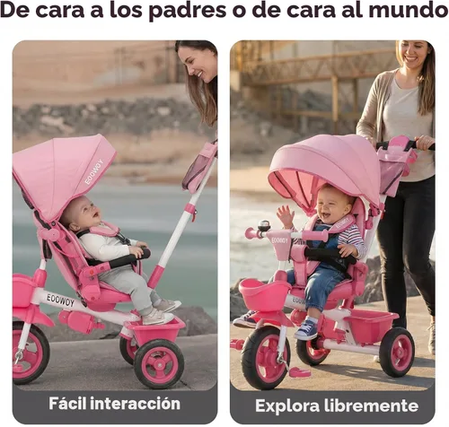 Miniatura 4 de EOOWOY Triciclo para niños pequeños con mango de empuje, triciclo cochecito 7 en 1 con asiento giratorio de 360°, respaldo reclinable, ruedas