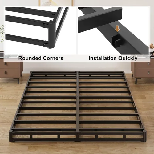 Miniatura 4 de Lutown-Teen Somier de 3 pulgadas de perfil bajo para cama Queen, somier metálico resistente para base de cama Queen con cubierta de tela, base de 3