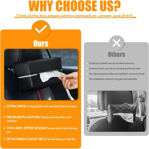 Miniatura 7 de Car Tissue Holder for 120-160-230 Count Kleenex Facial Tissues Box - Waterproof Zipper Cover, Soft Black Leather with Adjustable Strap, Ideal for