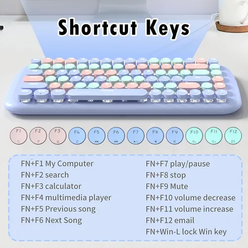 Miniatura 5 de Lomiluskr Lindo teclado mecánico con cable colorido para niñas y niños, teclas redondas, 84 teclas compactas, 10 efectos de iluminación Azul