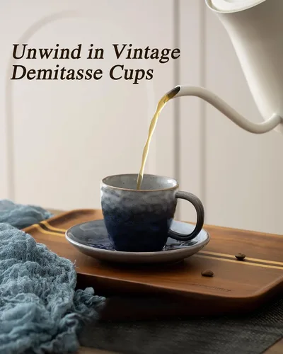 Miniatura 3 de Juego de 4 tazas de café espresso de 3 onzas, mini taza de café espresso doble italiano, tazas vintage pequeñas de cerámica con platillo para café