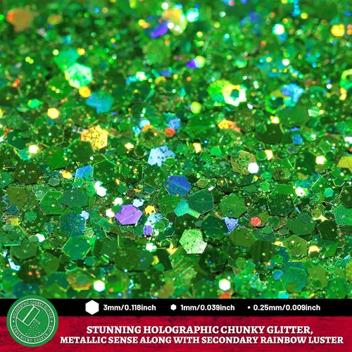 Miniatura 3 de Leobro - Purpurina verde, 160g/5.64oz de purpurina gruesa holográfica para manualidades, resina, uñas, cuerpo, vasos, decoraciones de fiesta Verde