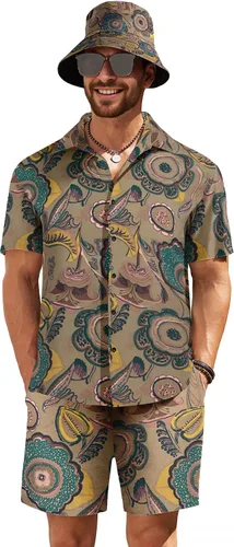 COOFANDY Conjunto de camisa hawaiana y pantalón corto para hombre, traje de playa de 2 piezas con sombreros de pescador