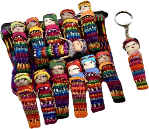 Guatemala Worry Dolls Juego de 12 muñecas tradicionales de 2.2 x 0.4 in con bonita bolsa de almacenamiento y llavero extra, divertidos colores