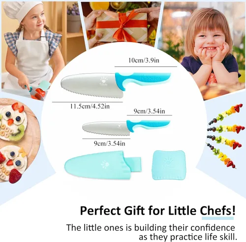 Miniatura 6 de Kibbidea Juego de cuchillos para niños, 4 cuchillos de cocina seguros para niños, punta redonda, sin BPA, acero inoxidable, azul