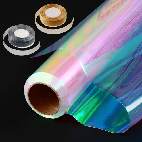 Miniatura 8 de GcFoir Papel de regalo transparente para arco iris de flores, rollo de celofán iridiscente de 34 pulgadas x 100 pies, rollo de celofán iridiscente