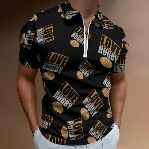 Miniatura 2 de Love Rugby Football Men's Polo Shirts Casual Short Sleeve Golf Polo Shirts Zippered Polo T Shirts Tops
