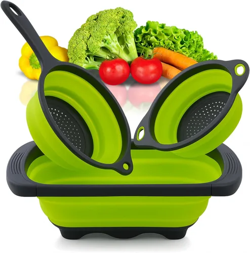 Miniatura 20 de Colador redondo de silicona azul plegable – Colador de cocina plegable pequeño colador plegable azul con asas de plástico para drenar verduras