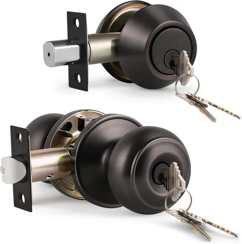 Miniatura 28 de KNOBWELL Juego de perilla de puerta y cerrojo de doble cilindro con llave, juego de cerradura de puerta exterior con cerrojo de seguridad, juego