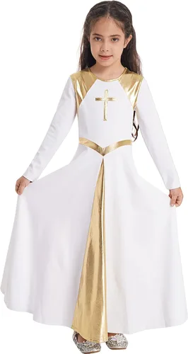 CHICTRY Vestido de baile de alabanza litúrgica metálico para niños y niñas, manga larga, bloque de color, disfraz de adoración lírica, ropa de baile