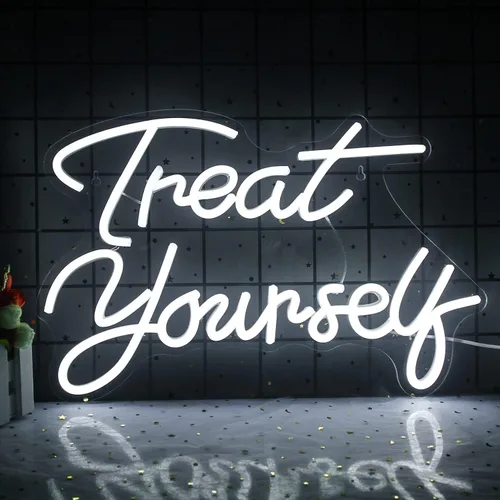 Letreros de neón Treat Yourself LED blanco para pared de dormitorio luces de neón con letras letreros de boda decoración de habitación de neón para