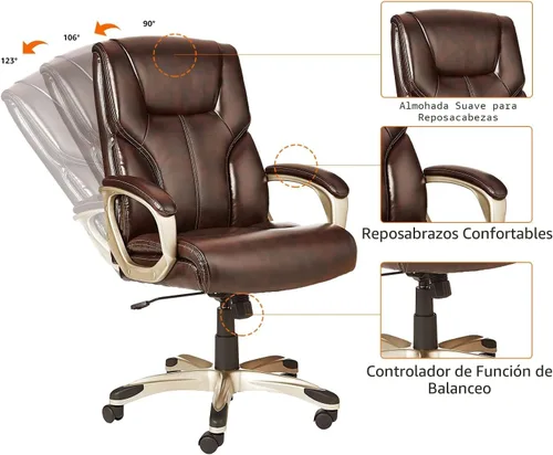 Miniatura 4 de Amazon Basics Silla ejecutiva de oficina con respaldo alto, altura ajustable, inclinación, giratorio, reposabrazos acolchados, marrón/dorado