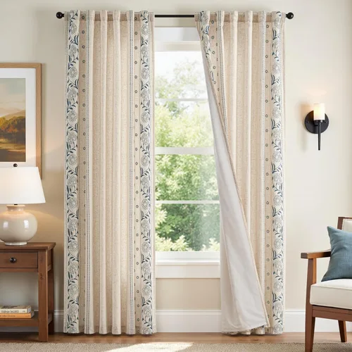 jinchan Winslow Cortinas de mezcla de lino para dormitorio o sala, con forro, bordado floral en los lados, tipo casa campo, funcionales y estéticas,